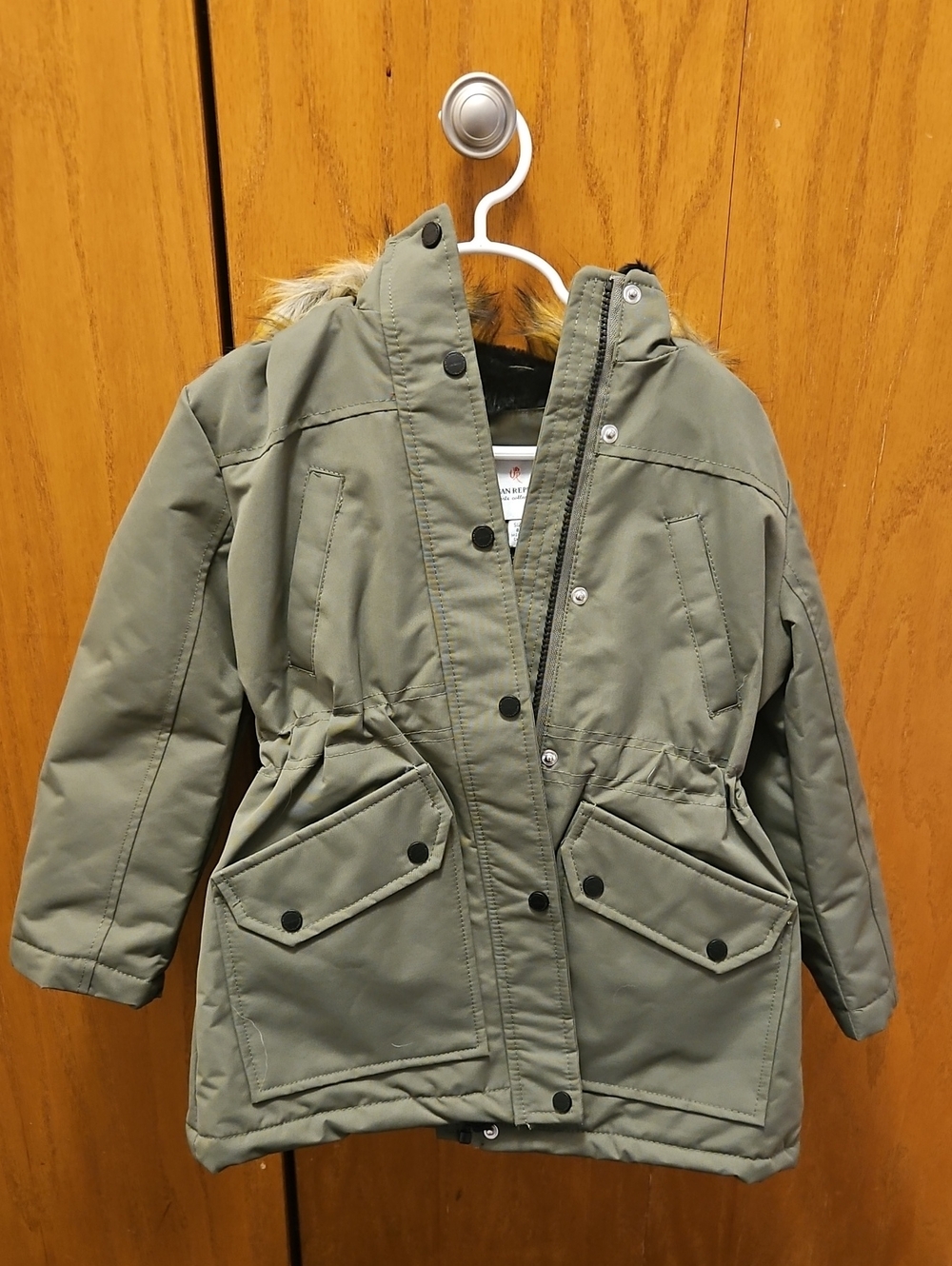 Urban Republic Olive Hooded Puffer Coat with Faux Fur Trim